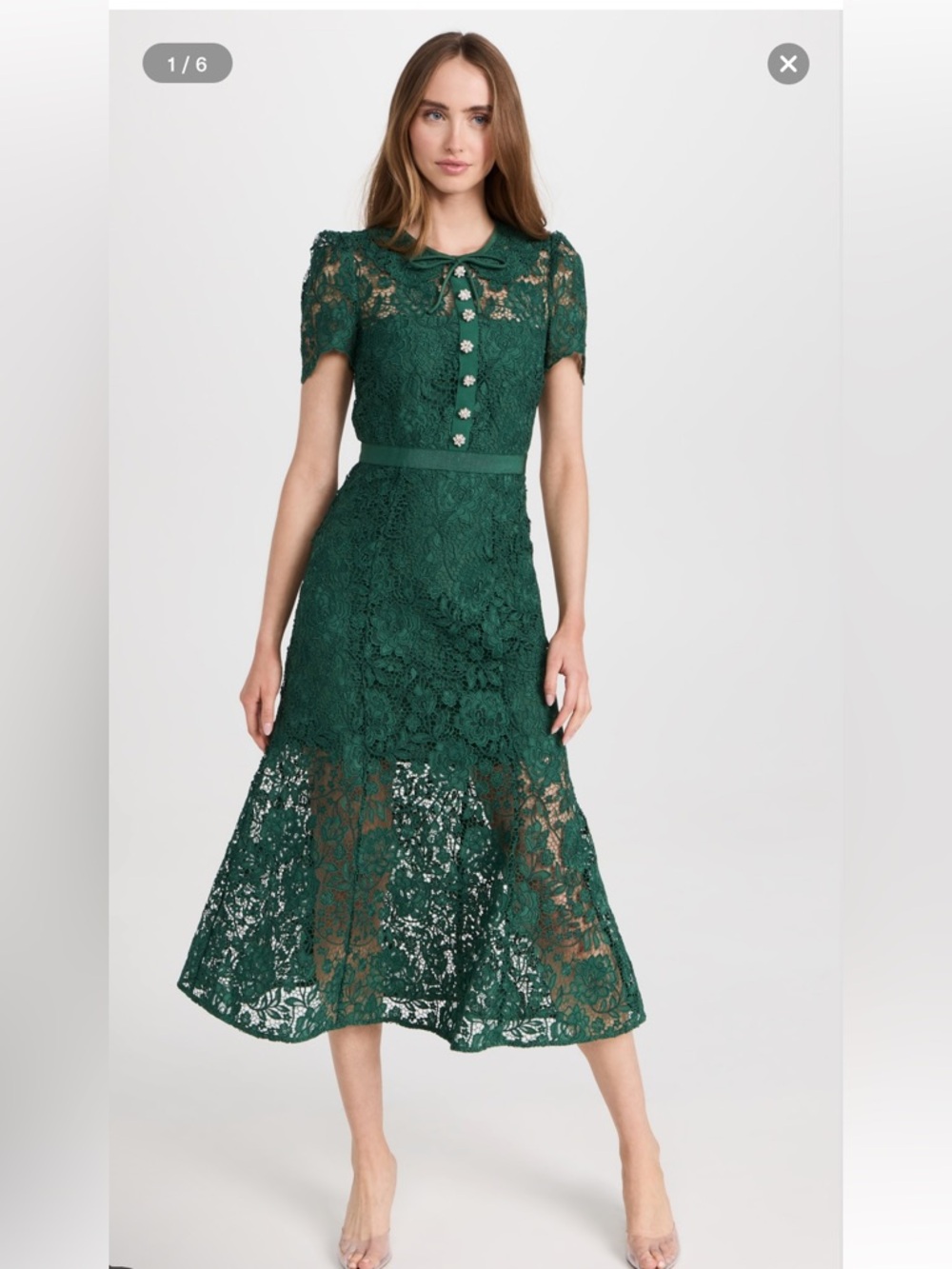 New. Self-Portrait Green Lace Midi Dress with Peter Pan Collar. Size US 6